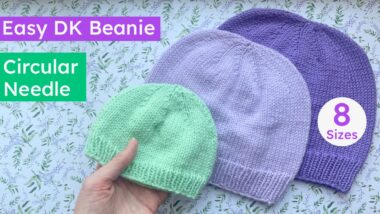 Easy DK beanie hat knitting pattern in 8 sizes