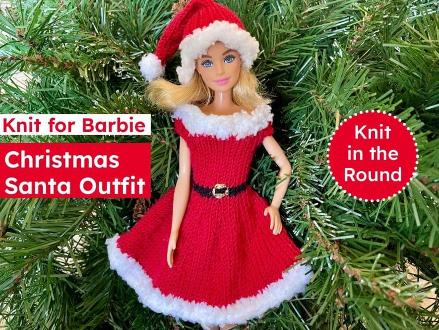 Barbie doll Christmas outfit knit in the round free pattern