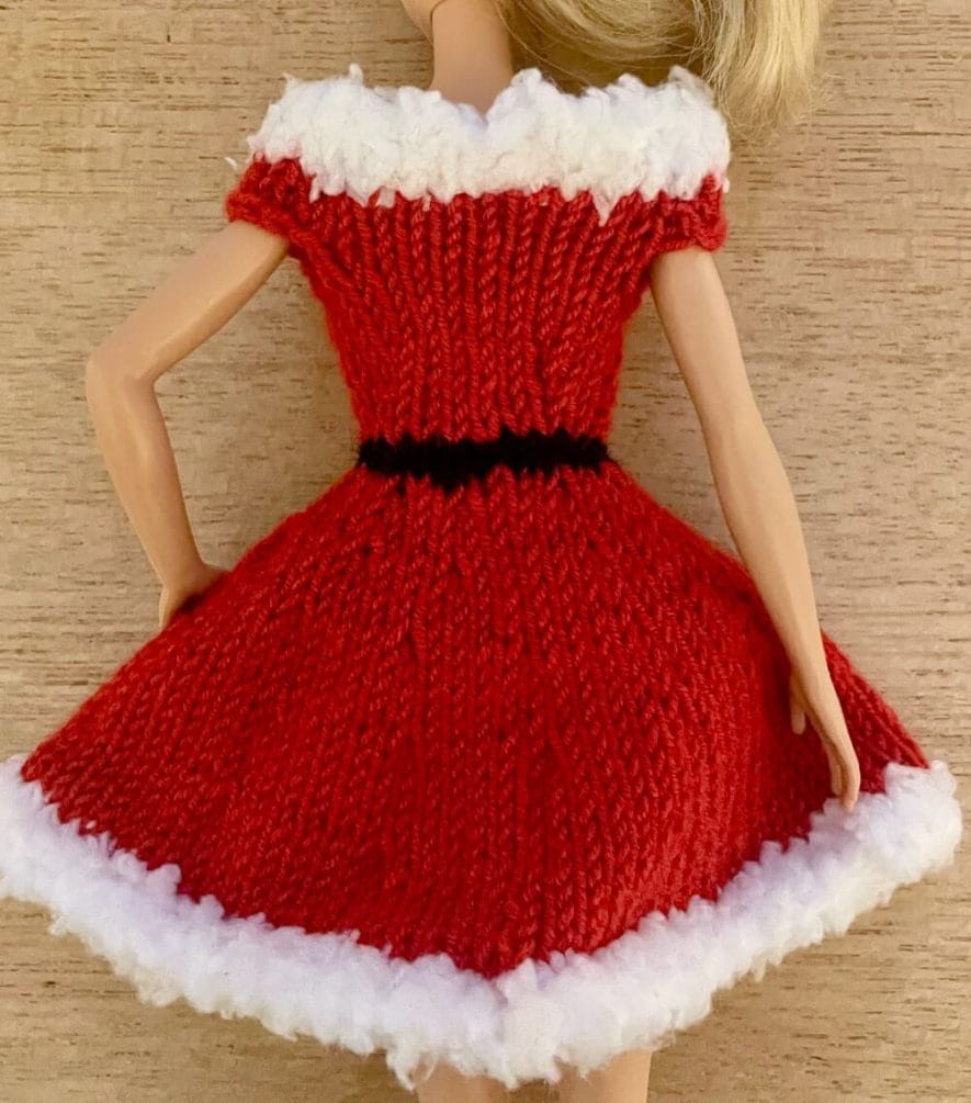 Back of Barbie Santa dress knit in the round