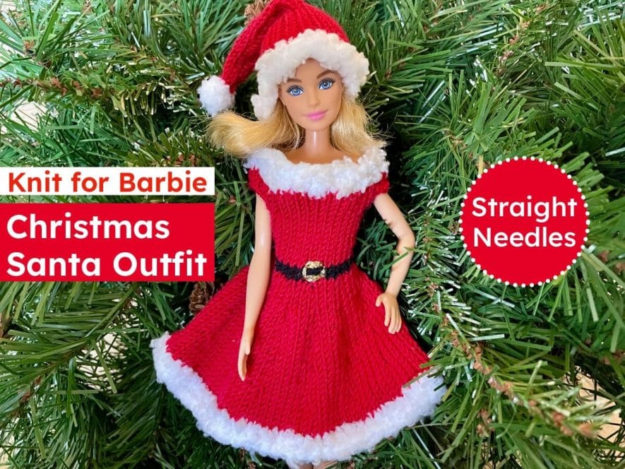 Barbie doll Christmas Santa outfit knitting pattern for straight needles