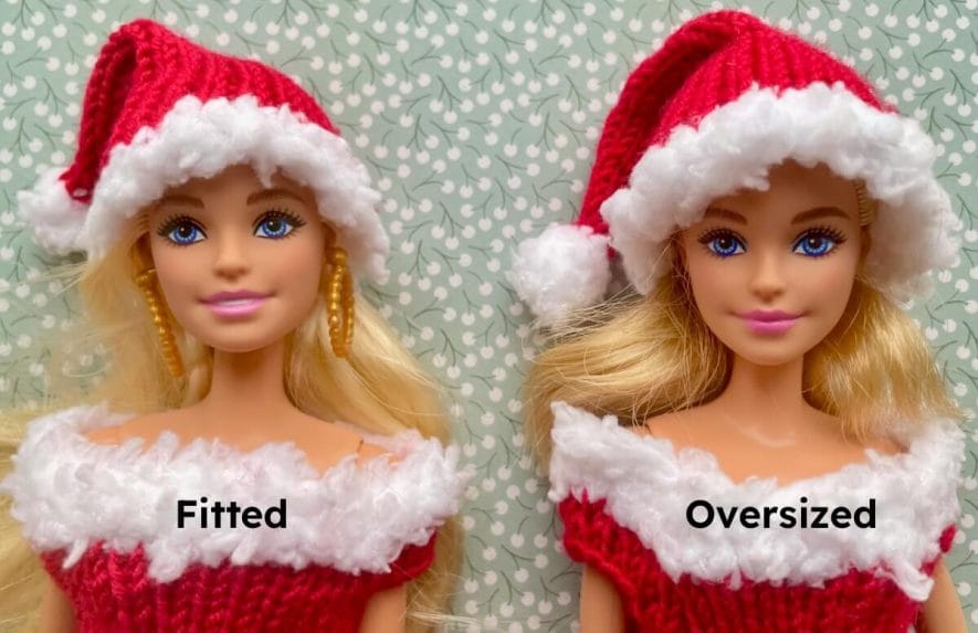 Barbie dolls wearing fitted Santa hat on left and oversized hat on the right