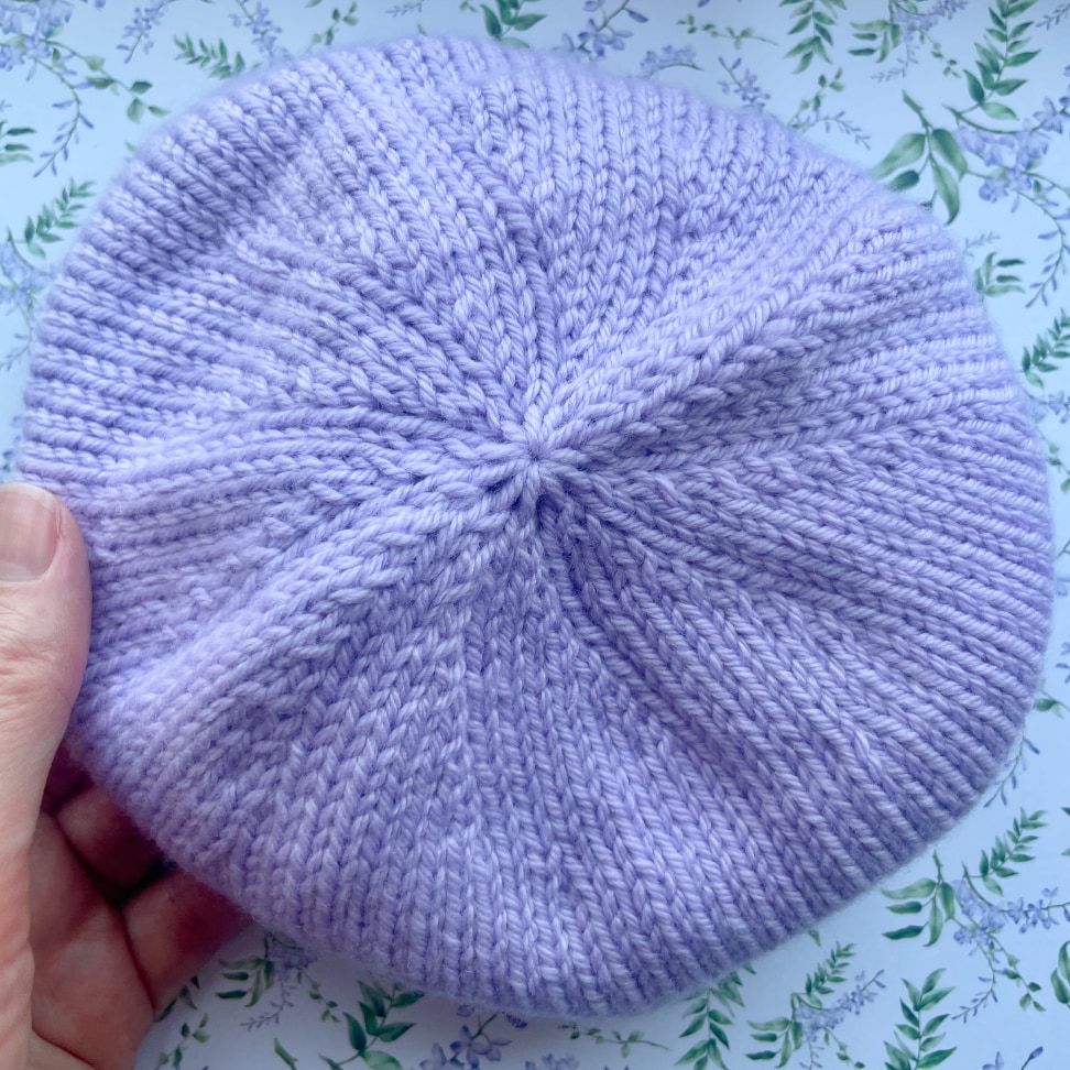DK beanie hat crown decreases make a pretty swirl shape