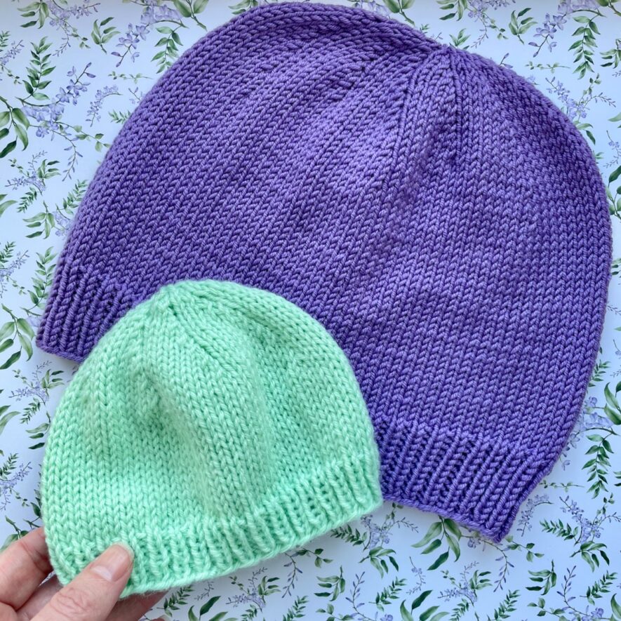 Newborn baby and adult size beanie hats knit with dk yarn