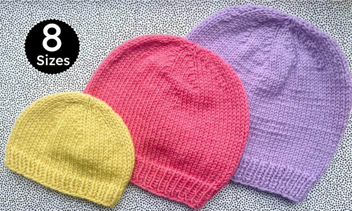 Free easy beanie hat knitting pattern available in 8 sizes, shown in 3 sizes - baby, child and adult.