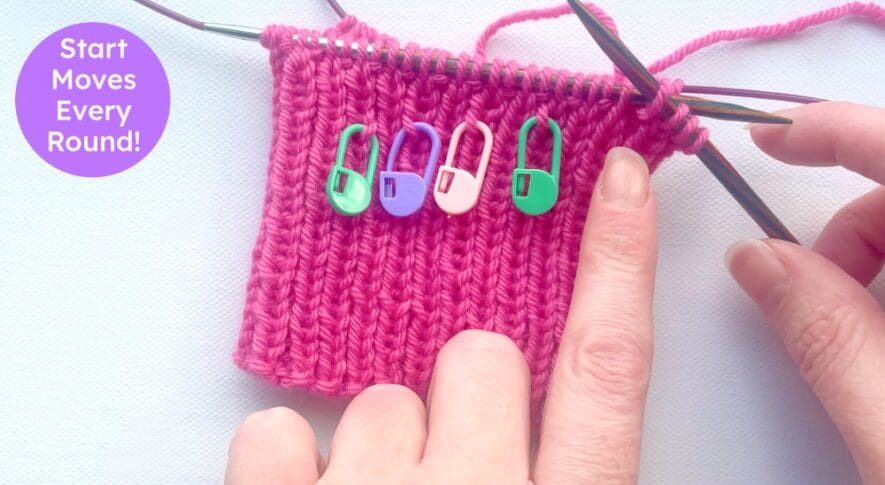 1st stitch for previous 4 rounds marked. The starting stitch moves 4 every round.