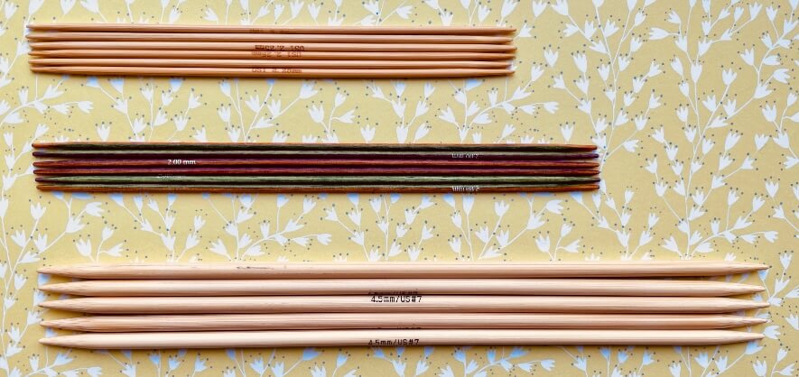 Sets of 5 inch (top), 6 inch (middle) and 8 inch (bottom) double pointed knitting needles
