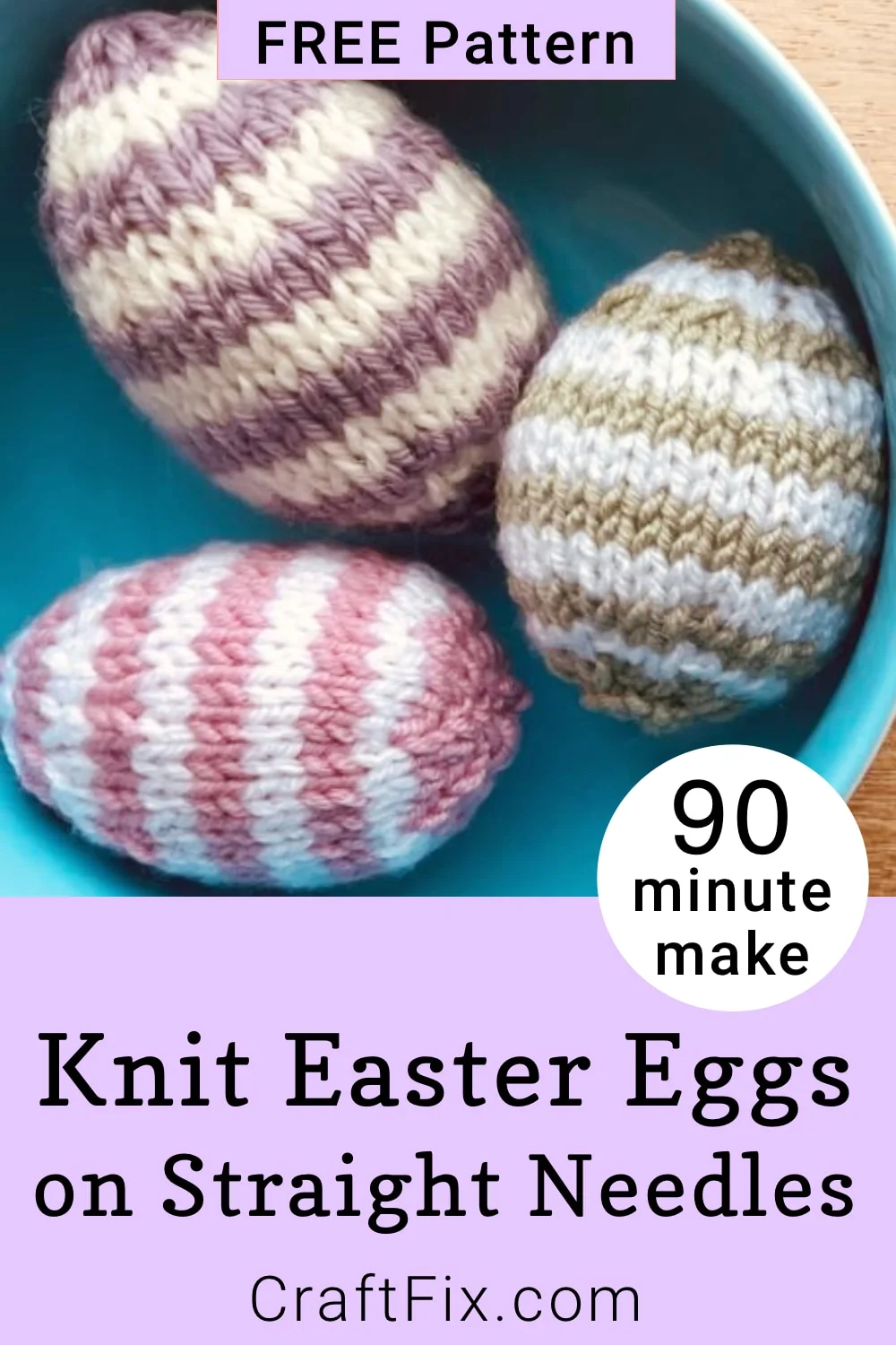 Close up of striped easter egg decorations knit with straight needles in bowl, made in 90 minutes with this free pattern