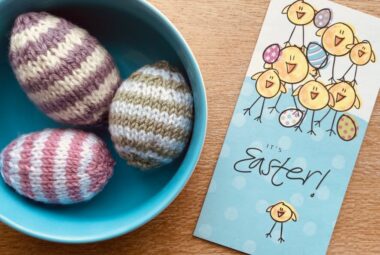 Flat knit striped easter eggs in bowl