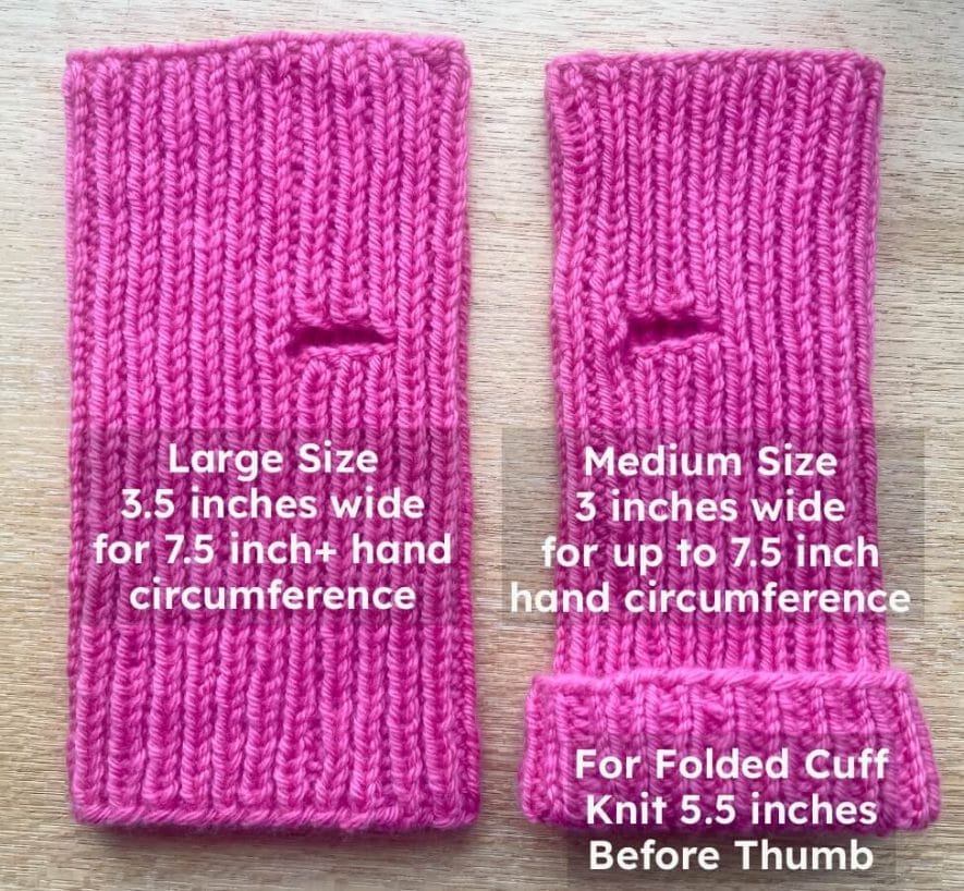 Large mitt is 3.5 inches wide for 7.5 inch hand or larger, medium mitt is 3 inches wide for up to 7.5 inch hand.