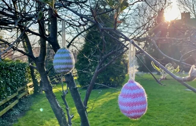 Flat knit easter eggs hanging on a tree